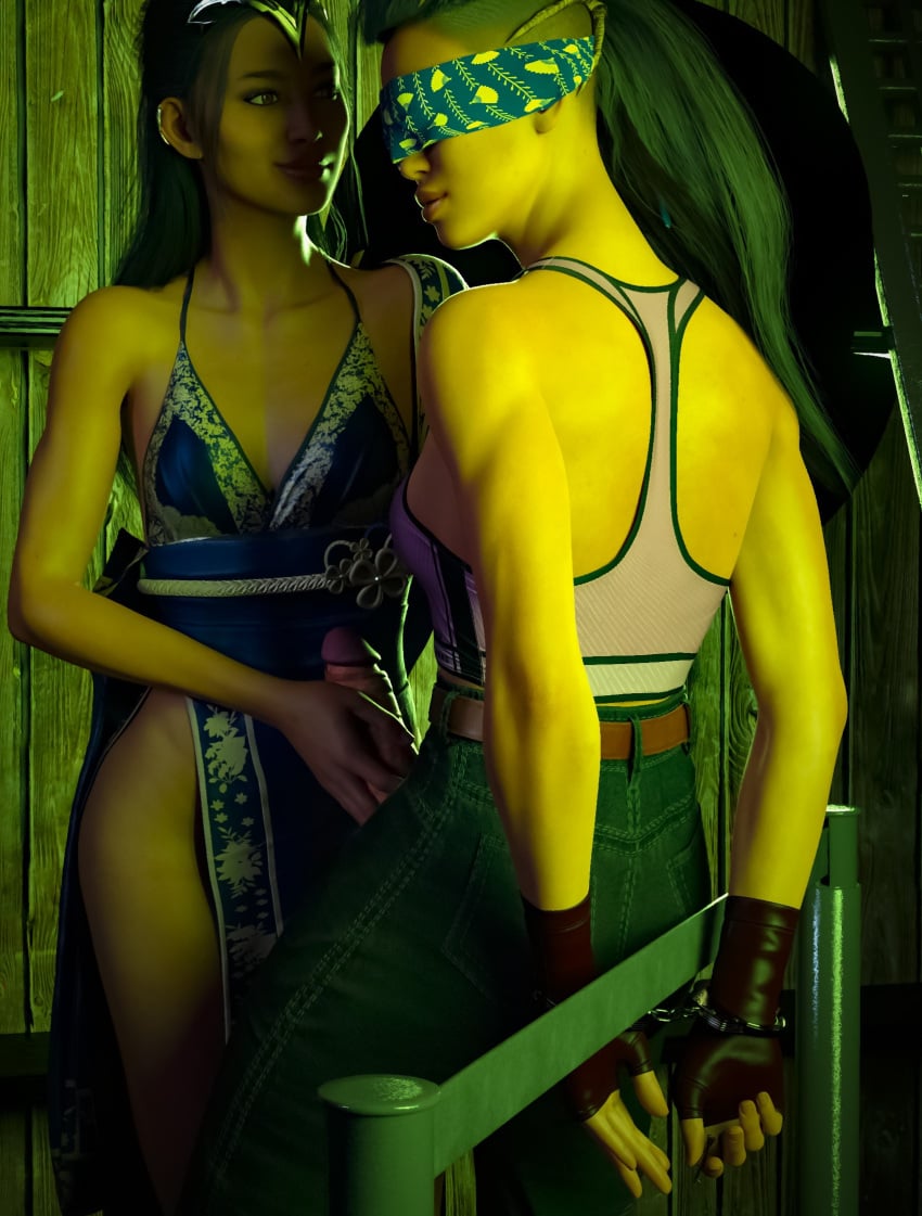 2girls 3d alternate_costume black_hair blindfold blindfolded casual_clothes cleavage cocktail_dress duo erection female female_only futa_on_female futa_with_female futanari futasub genitals gloves hair half-dressed handcuffs handjob hi_res implied_incest jeans jerking kitana kitana_(new_era) kiteena long_hair mileena mileena_(new_era) mortal_kombat mortal_kombat_1_(2023) penis princess rayalterego23 restrained sisters yuri