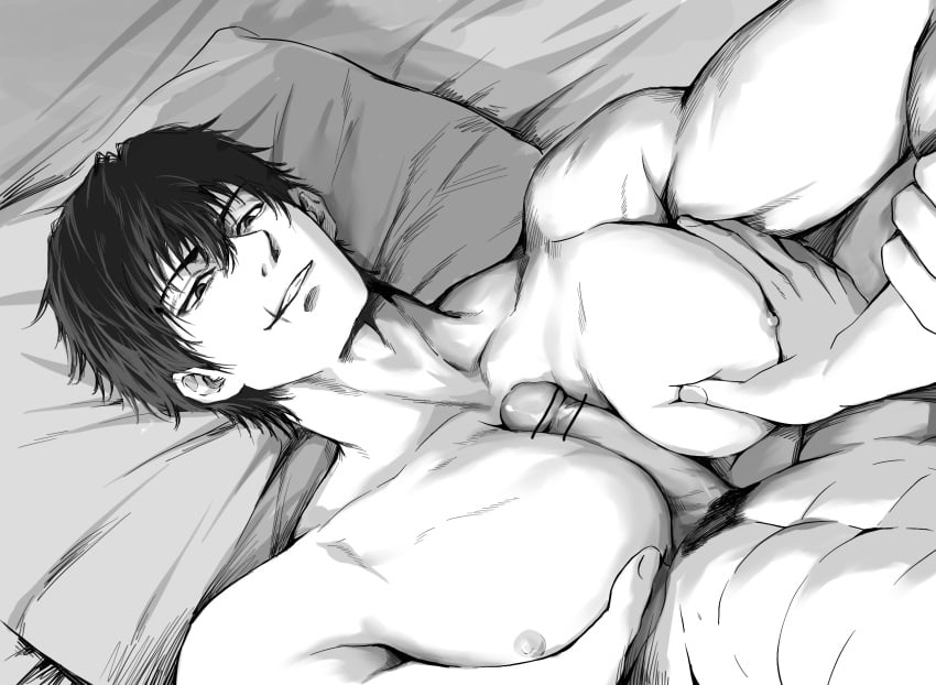 abs adam's_apple artist_request bar_censor bara between_pectorals censored erection from_above grabbing greyscale grin highres jujutsu_kaisen large_pectorals looking_at_another looking_up male_focus male_only mature_male monochrome muscular muscular_male nipples nude pecjob pectoral_grab pectorals scar scar_on_face scar_on_mouth short_hair smile solo_focus thick_eyebrows toji_fushiguro upper_body yaoi