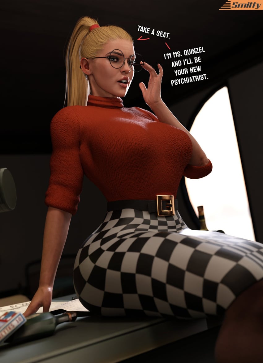 1girls 3d 3d_(artwork) artist_name batman_(series) big_boobs big_breasts big_tits blonde_hair busty curvaceous curvy curvy_figure dc dc_comics dialogue dr._harleen_quinzel english_text female female_only fully_clothed glasses harleen_quinzel harley_quinn harley_quinn_(injustice) hourglass_figure huge_breasts large_breasts light-skinned_female light_skin ponytail psychiatrist sitting sitting_on_desk skirt slim_waist smitty34 solo sweater text thick thick_hips voluptuous voluptuous_female wide_hips