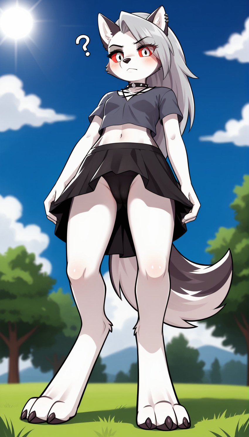 1girls 2024 ai_generated annoyed anthro blushing cameltoe canine confused confusion crop_top digitigrade ear_piercing eyeliner eyeshadow female female_only grey_fur hellhound helluva_boss hi_res inner_ear_fluff long_hair looking_at_viewer looking_down loona_(helluva_boss) low-angle_view outdoors panties question_mark red_sclera silver_eyes silver_hair skirt spiked_collar white_fur