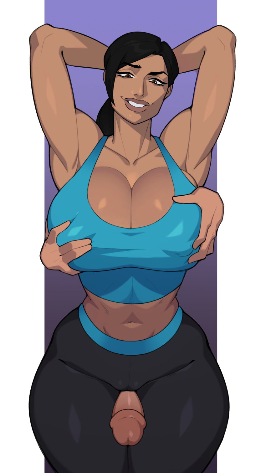 1boy 1girls abs athletic_female big_breasts breast_grab clothed_female consensual edit faceless_male female female_on_male female_on_top fondling_breast male maximum_strike_edit muscular_female nonpenetrative_sex simple_background thigh_sex zpark