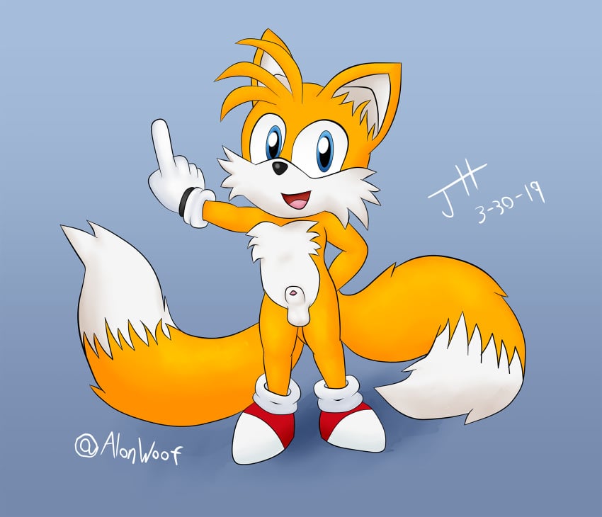 2019 alonwoof animal_genitalia animal_penis anthro balls canid canine casual_nudity clothing english_text fluffy fluffy_tail footwear fox fur gloves hi_res looking_at_viewer male male_only mammal multi_tail nude open_mouth penis sheath shoes simple_background smile solo sonic_(series) tails text video_games white_fur yellow_fur