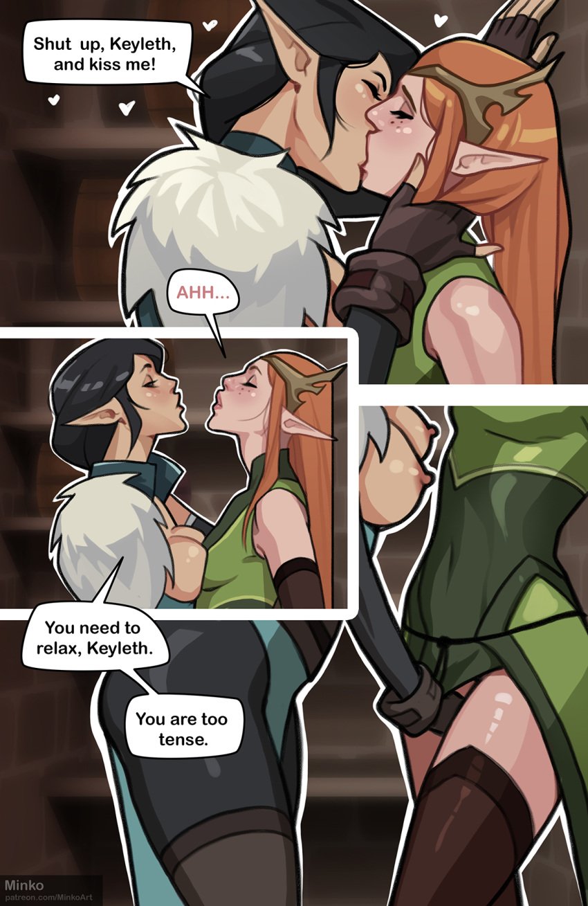 2023 2girls against_wall areolae assertive_female asymmetrical_docking black_hair breast_squish breasts breasts_out caress caressing_face comic comic_panel critical_role critical_role:_vox_machina digital_media_(artwork) druid dungeons_and_dragons elf elf_ears english_text female female/female female_focus female_only fingering fingerless_gloves freckles french_kiss fur_collar headdress heart hearts hi_res highres keyleth kissing lesbian long_ears long_hair looking_pleasured minko moaning multiple_girls nipples olena_minko orange_hair patreon_username pointy_ears ranger signature text the_legend_of_vox_machina thighhighs vex'ahlia yuri