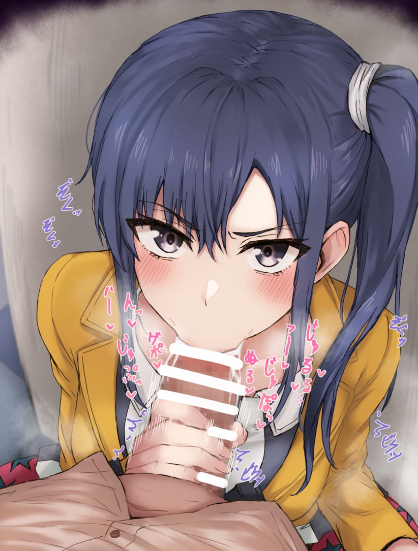 1boy bar_censor blue_hair censored clothed_sex cum cum_in_mouth fellatio female grey_eyes highres imai_midori light_blush looking_at_viewer oral school_uniform shirobako side_ponytail simple_background tahita1874