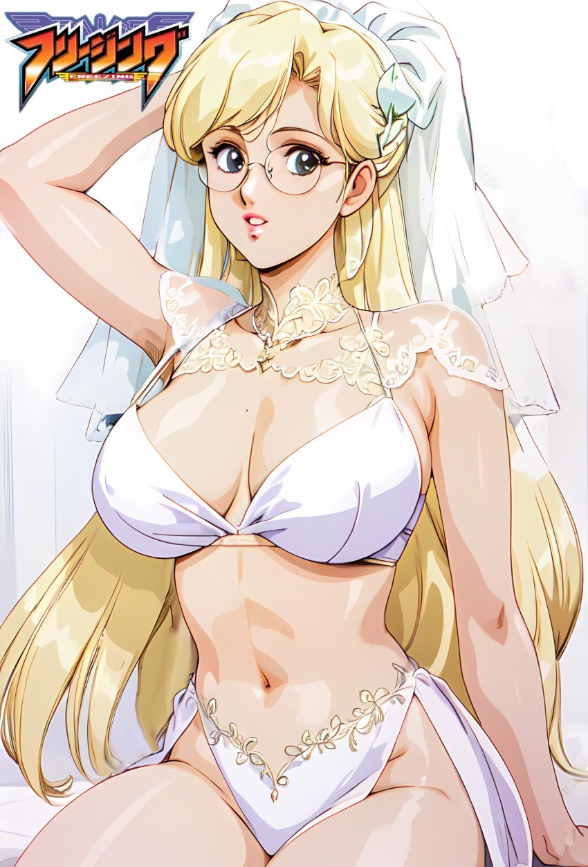 ai_generated arms_behind_head big_breasts blonde_female blonde_hair breasts bride fanart freezing_(series) glasses long_hair megane milkywayarts pixai satellizer_el_bridget wedding wedding_dress white_background