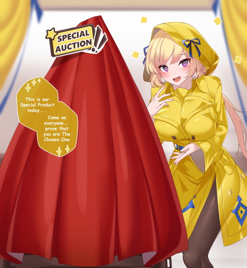 1girls absurd_res alternate_version_available auction big_breasts blonde_hair chosen_one's_archpriestess_veronica_(guardian_tales) curtains english english_text femdom femsub guardian_tales kuda_aer_(artist) pantyhose presenting purple_eyes raincoat ribbon star_pupils sub_dominating_sub text veronica_(guardian_tales)