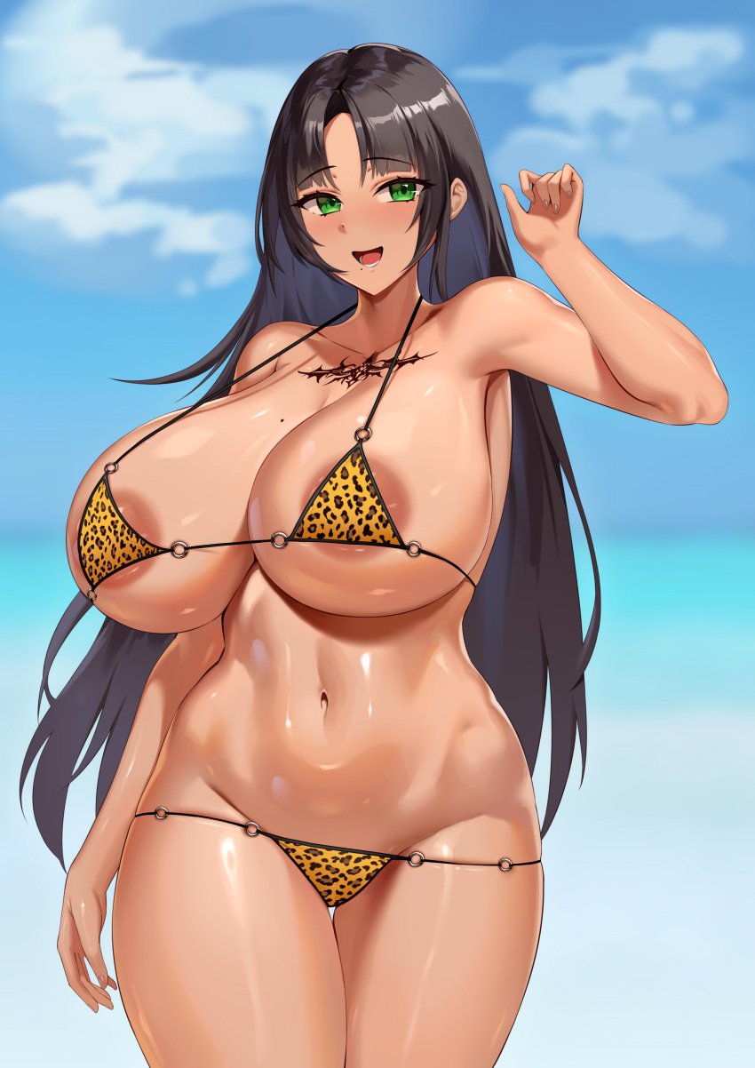 1girls bikini black_hair breasts brown_skin commission felicia_castro female green_eyes high_resolution hips huge_breasts jingb_dx leopard_print leopard_print_bikini long_hair micro_bikini original original_character outdoors solo_female tatakau_ataisuru thick_thighs thighs wide_hips