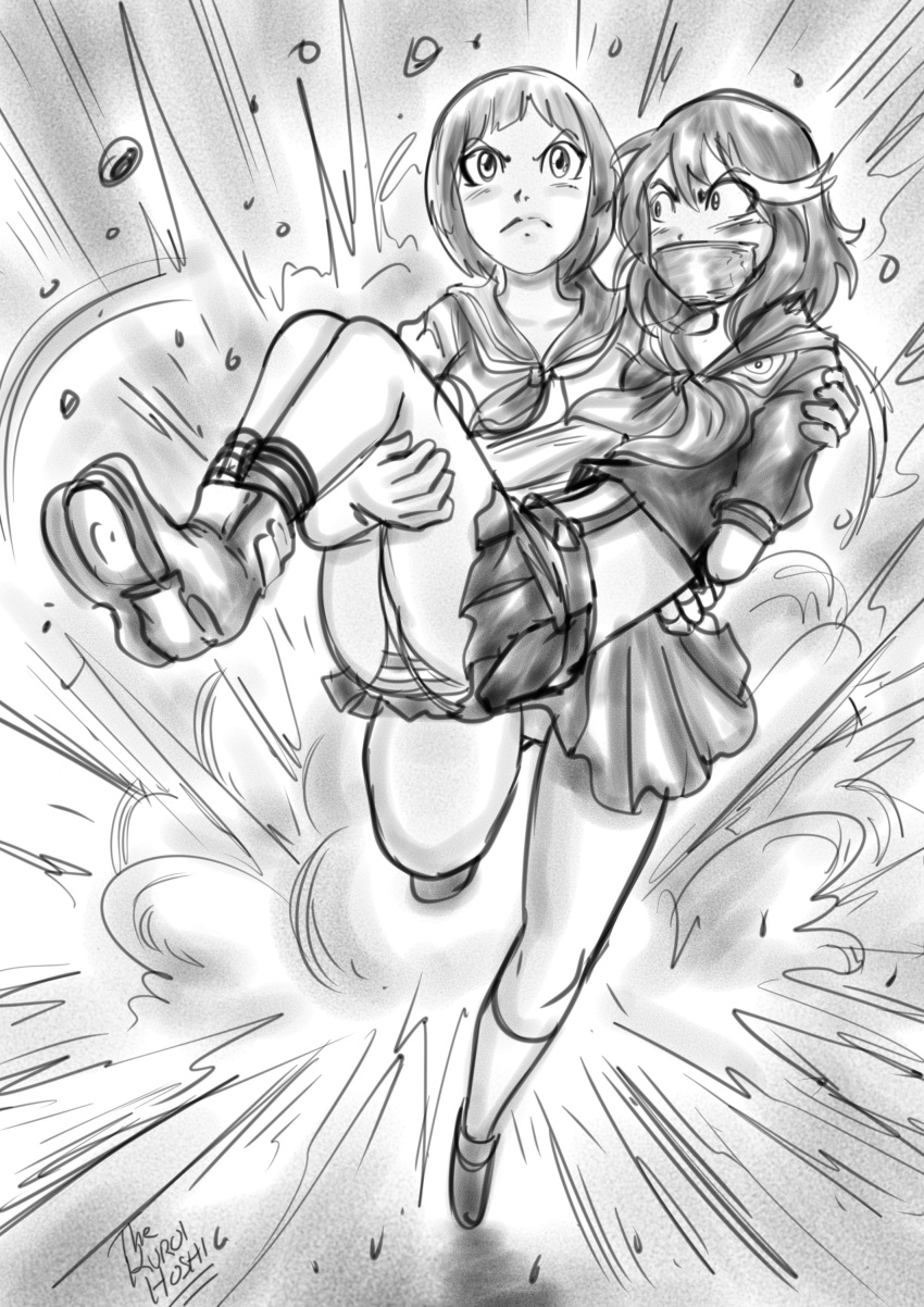 2girls action_pose angry arms_behind_back arms_tied_behind_back black_and_white bob_cut bondage bridal_carry carrying dakuroihoshi drawing explosion fenrilhuayra fully_clothed gag gagged kill_la_kill mankanshoku_mako matoi_ryuuko monochrome panties rescue rope running school_uniform schoolgirl schoolgirl_uniform senketsu short_hair short_skirt skirt striped_panties tagme tape tape_gag taped_mouth teenager tied_legs tied_up upskirt yuri