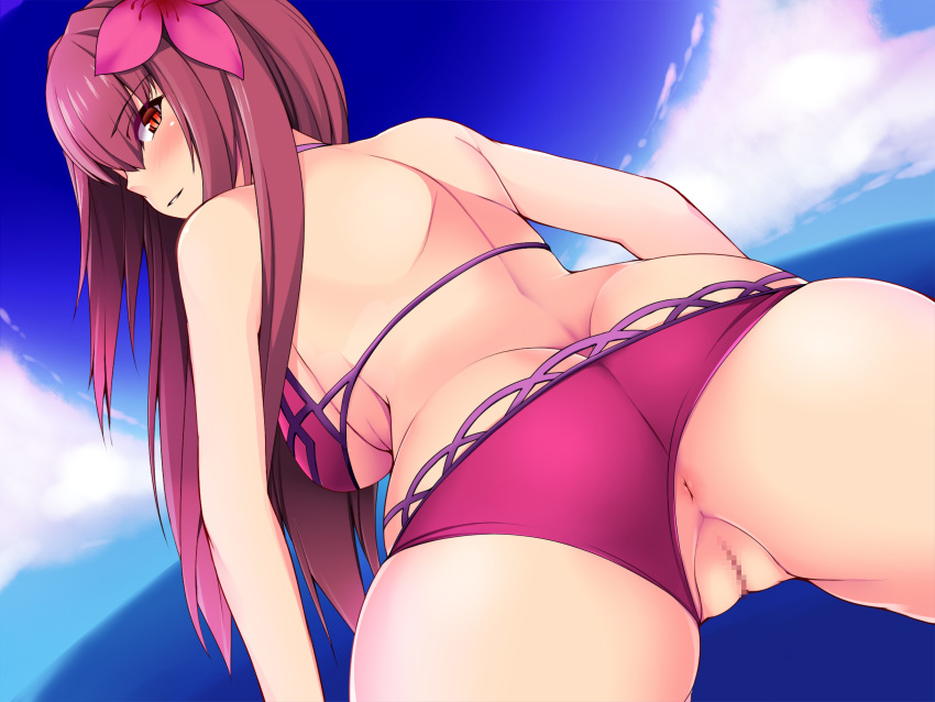 akaneman alternate_costume anus ass bent_over bikini blush breasts butt_crack cloud day fate/grand_order fate_(series) female flower hair_flower hair_intakes hair_ornament hibiscus highres large_breasts looking_at_viewer looking_back ocean outdoors purple_bikini purple_hair pussy red_eyes scathach_(fate) scathach_(swimsuit_assassin) sky slit_pupils smile spread_legs swimsuit swimsuit_aside