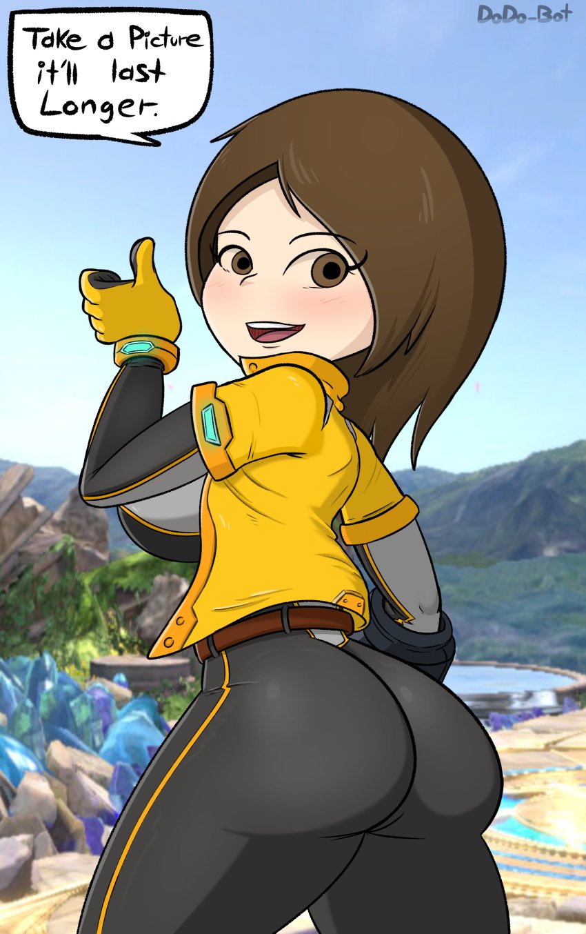 1girls absurdres ass ass_focus battlefield_(super_smash_bros) belt big_ass big_butt bimbo blush blushing bodysuit bodysuit_and_jacket bodysuit_under_clothes breasts brown_eyes brown_hair butt_focus clothing dat_ass dodo-bot female female_only gloves highres huge_ass human jacket looking_at_viewer looking_back mii mii_gunner mii_gunner_(smash_ultimate) mob_face nintendo open_mouth short_sleeves shoulder_length_hair solo super_smash_bros. super_smash_bros._ultimate tease teasing text thumbs_up tight_clothing