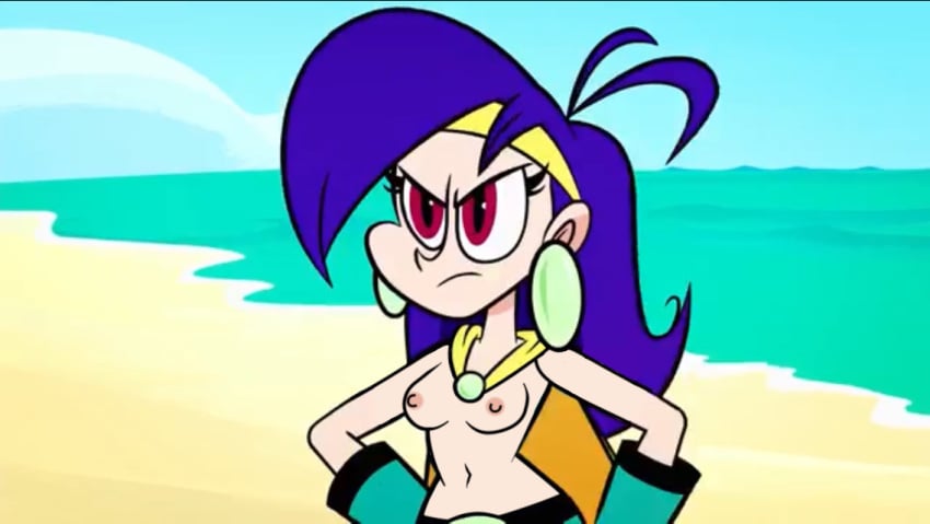 angry beach breasts cape cartoon_network earrings edit female female_only hairband mighty_magiswords nipples purple_hair red_eyes topless vambre_warrior yellow_cape yellow_hairband