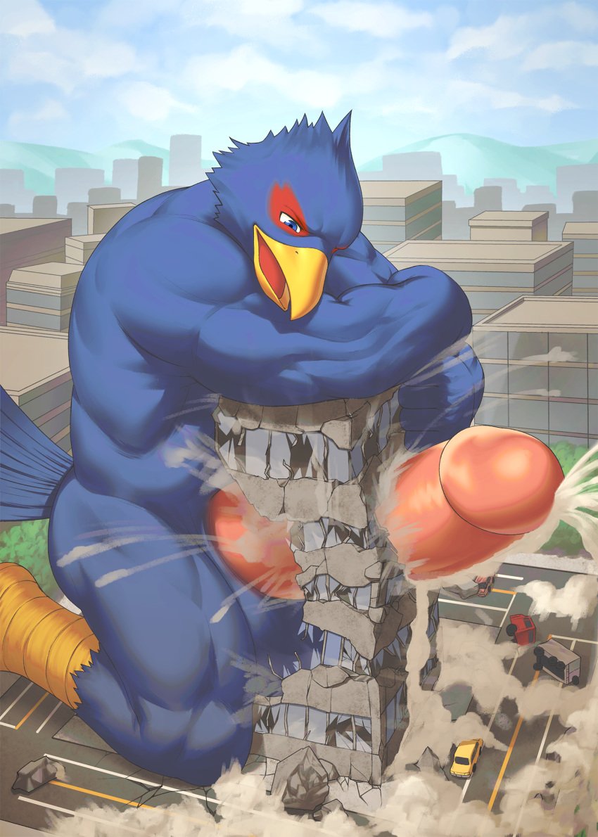 anthro avian big_penis bird building building_penetration car city cum cum_on_ground destruction falco_lombardi hi_res humanoid_penis macro male male_only nintendo penis star_fox tobito vehicle video_games