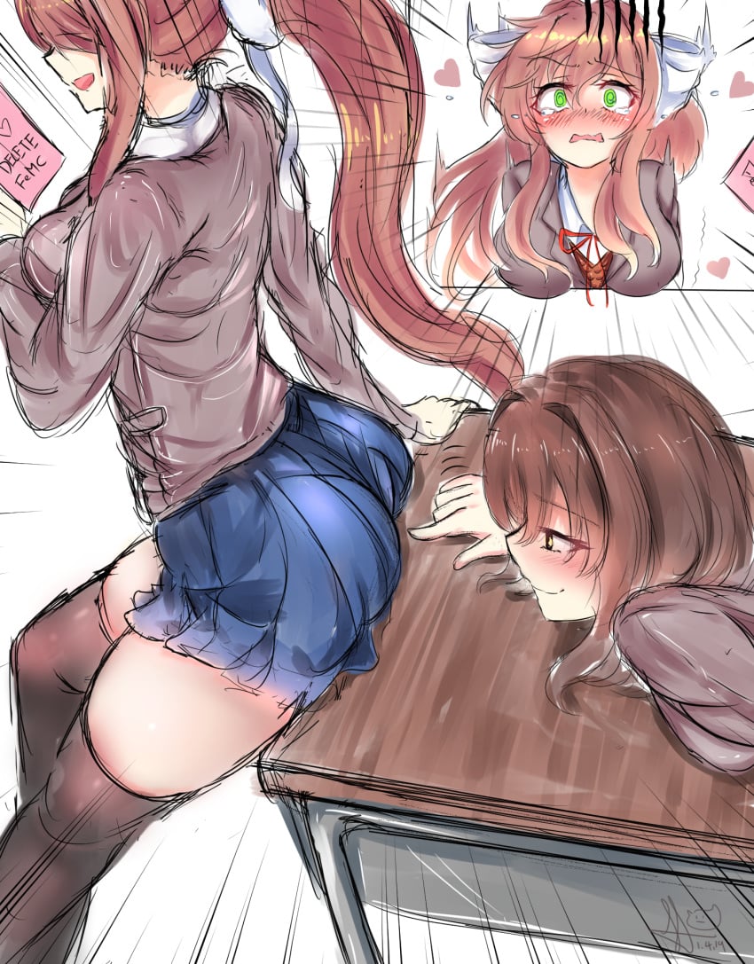 2019 2girls artist_signature ass black_legwear blush brown_hair bubble_ass crunnix dated doki_doki_literature_club female female_only femc_(doki_doki_literature_club) finger_in_ass fingering from_behind hair_ribbon hearts long_hair mc_(doki_doki_literature_club!) monika_(doki_doki_literature_club) multiple_girls open_mouth original_character ponytail prank reading rule_63 school_desk skirt smile tears thighhighs thighs white_ribbon yuri