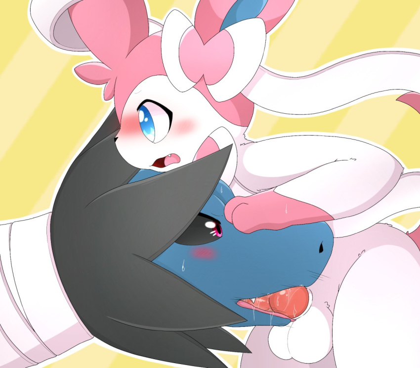 1boy 3_toes ambiguous_gender animal_genitalia animal_penis balls big_ears black_sclera blue_eyes blue_fur blue_skin blush canine canine_penis dragon duo eeveelution erection fellatio feral fur furry girly hand_on_face hydreigon km-15 knot long_ears long_neck looking_away male male_penetrating motion_lines nintendo open_mouth oral oral_penetration paws penetration penis pink_eyes pink_fur pokémon_(species) pokemon pokemon_(species) pokemon_bw pokemon_xy ribbons saliva scalie size_difference smaller_male standing sweat sylveon teeth testicles thick_thighs tongue video_games wet white_border white_fur yellow_background