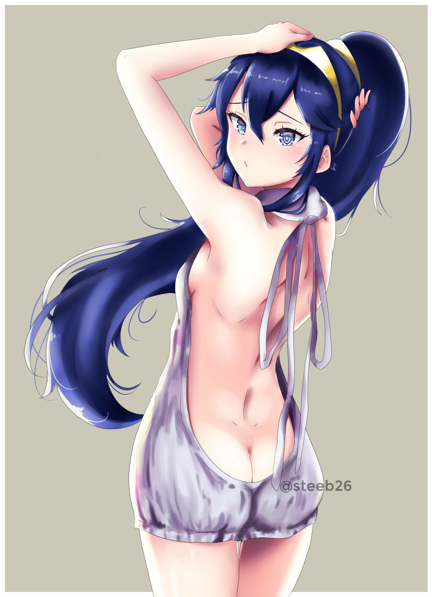 adjusting_hair alternate_hairstyle alternative_hairstyle arms_up ass ass_cleavage back back_view backless_outfit bare_back birthmark blue_hair blush breasts butt_crack female fire_emblem fire_emblem_awakening grey_background high_resolution long_hair looking_at_viewer looking_back lucina_(fire_emblem) meme_attire ponytail posterior_cleavage sideboob simple_background small_breasts solo steeb sweat sweater tiara tied_hair turtleneck turtleneck_sweater twitter_username very_high_resolution virgin_killer_sweater