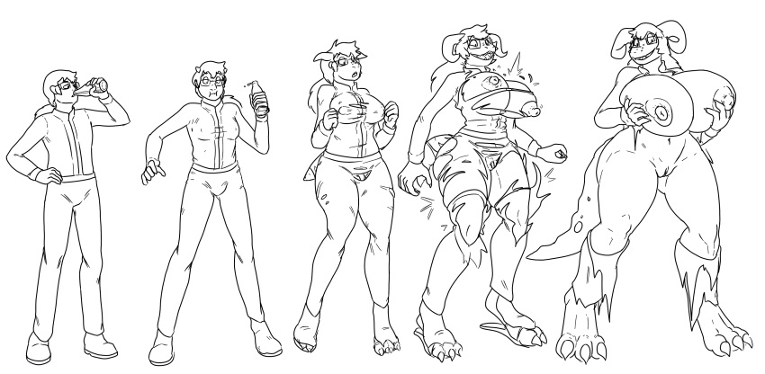 1boy 1girls 2019 3_toes abs absurd_res anthro anthrofied bethesda_softworks big_breasts big_feet breast_growth breasts chubby claws clothed clothing deathclaw drinking eyewear fallout feet female footwear gender_transformation glasses growth hair hi_res horn horns huge_ass huge_breasts human human_to_anthro long_hair male mammal monochrome mostly_nude mtf_transformation muscular muscular_female navel nipples nude open_mouth penis ponytail prurientpie pussy scalie sequence shoes simple_background smile solo standing surprise tail tail_growth thick_thighs torn_clothes torn_clothing transformation video_games white_background wide_hips