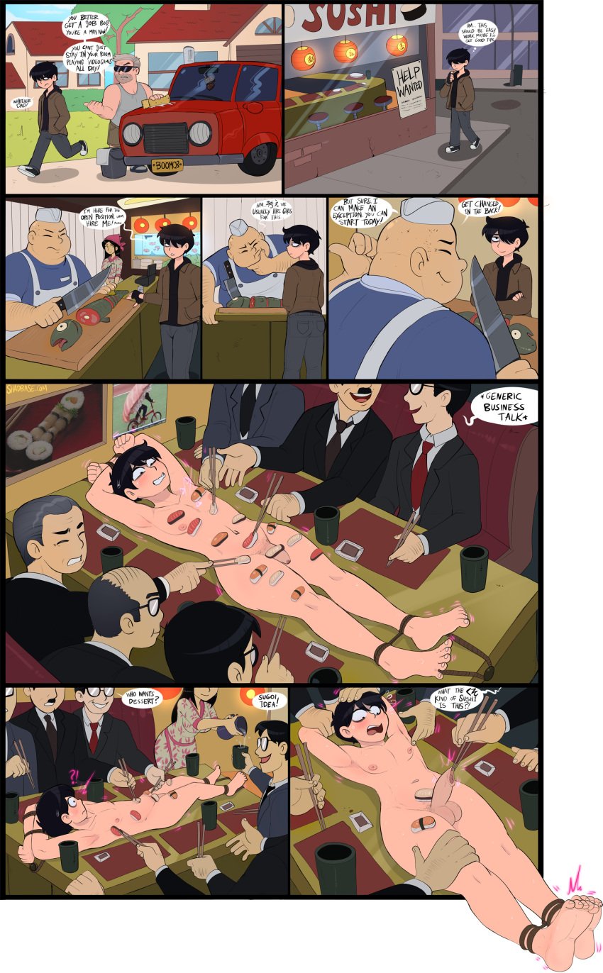 1girls 9boys age_difference armpits ass balls black_hair blush bondage brandon_(shadman) comic erection femboy food foreskin girly glasses heartbeat human_table male nantaimori nyotaimori open_mouth original penis restrained rope rope_bondage shadman speech_bubble suit_and_tie sushi testicles text tied_to_table trap uncut yaoi