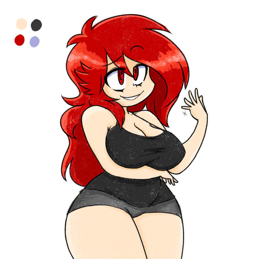 1girl 1girls big_breasts big_thighs black_tank_top breedable busty cleavage curly_hair curvy female female_only long_hair red_eyes red_hair short_shorts solo tank_top toon_michaela toxicsoul77 white_background