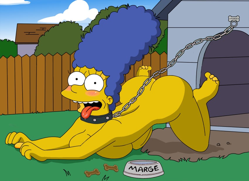 20th_century_fox 20th_century_studios all_fours beehive_hairdo bent_over blue_hair blushing blushing_at_viewer chain_leash chained_up dog_biscuit dog_bowl dog_collar dog_girl dog_house doggy_style_position gkg looking_at_viewer marge_simpson matt_groening_(style) naked nude nude_female squished_breasts the_simpsons tongue_out yellow_body yellow_skin