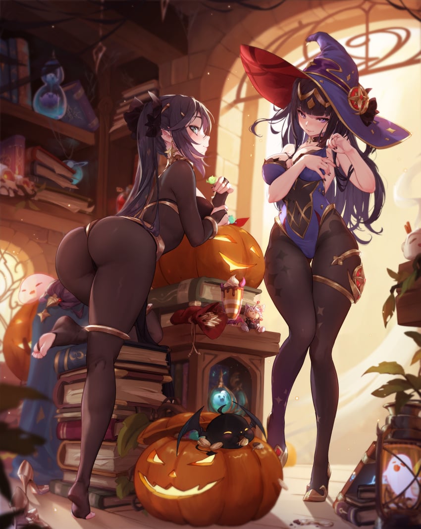 2girls ass bat_(animal) bent_over black_choker black_hair black_nails blunt_bangs bodystocking boo_tao_(genshin_impact) book book_stack bookshelf bracelet breasts candy chocolate_coin choker circlet coin cosplay costume_switch crossover earrings feet female female_only fire_emblem fire_emblem_awakening food full_body genshin_impact gold gold_coin green_eyes grin halloween halloween_costume hat high_heels holding holding_coin jack-o'-lantern jewelry large_ass large_breasts leaning_on_object leg_up leotard long_hair looking_at_viewer medium_breasts mitsu_(mitsu_art) mitsu_art mona_(genshin_impact) mona_(genshin_impact)_(cosplay) multiple_girls nail_polish nintendo pantyhose parted_lips pumpkin purple_eyes shoes skin_tight smile standing star_(symbol) star_earrings stirrup_legwear tharja_(fire_emblem) tharja_(fire_emblem)_(cosplay) thighlet tiara tiptoes toeless_legwear twintails two_side_up unworn_shoes very_long_hair witch witch_hat