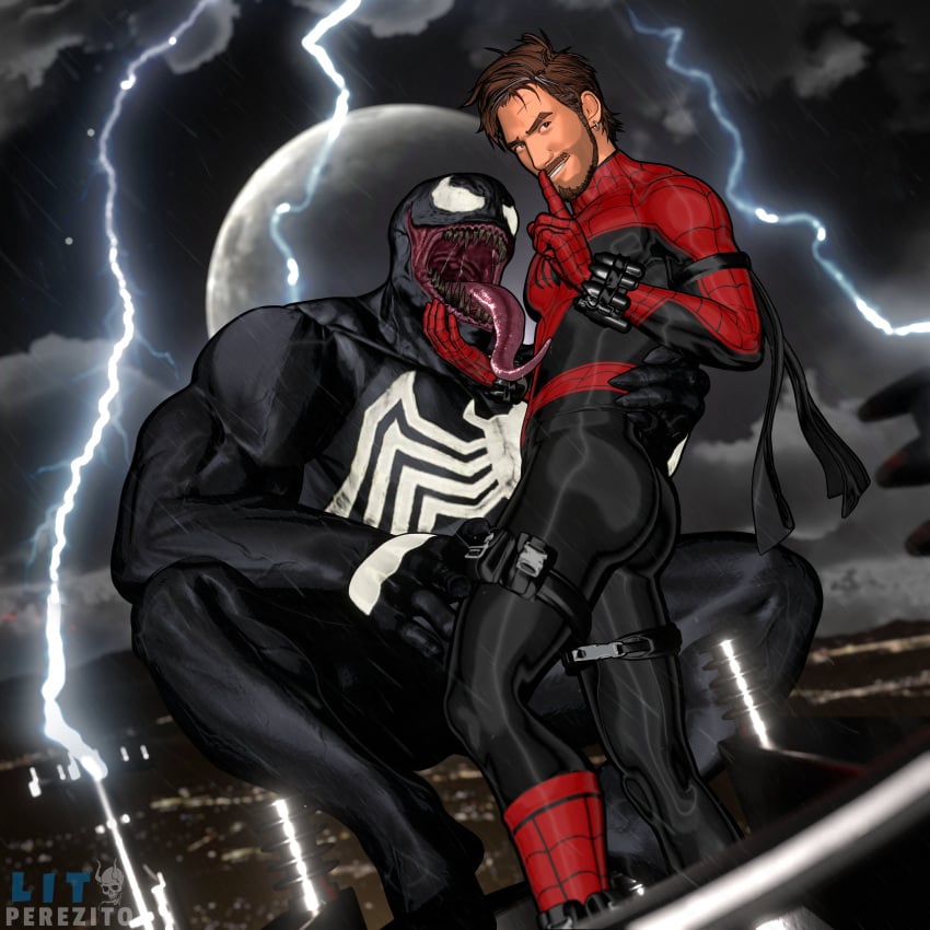 2boys 3d 3d_(artwork) 3d_model daemoncollection duo duo_focus enemies_to_lovers gay hero_and_villain human implied_relationship light-skinned_male light_skin lightning male male/male male_focus male_only marvel pairing parasitic_possession rainy spider-man spider-man_(series) stormy_night superhero superhero_costume thigh_holster thunder venom_(marvel) yaoi