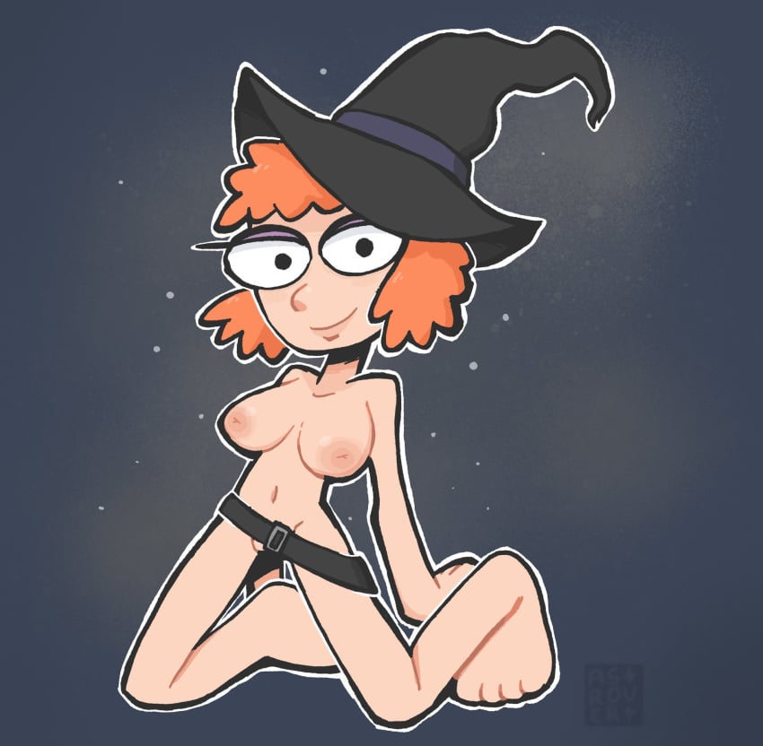 1girls adult_swim background_character big_breasts female female_focus female_only light-skinned_female light_skin looking_at_viewer nastrovert nipples smiling_friends witch_girl_(smiling_friends) witch_hat