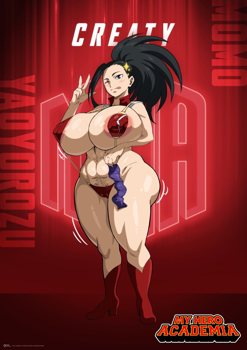 1girls adapted_costume alternate_costume ass cleavage condom dratvan edit female female_only female_pubic_hair gigantic_breasts hero_outfit_(mha) huge_ass huge_breasts human kunaboto_(style) momo_yaoyorozu my_hero_academia official_art pubic_hair pubic_hair_peek revealing_clothes shounen_jump sling_bikini solo solo_female standing venus_body voluptuous yaoyorozu_momo