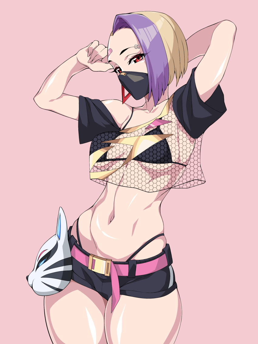 1girls 2d arms_up belt bikini_top blonde_hair catalyst_(fortnite) cowboy_shot female_only fortnite iogrunt mask midriff piercing purple_hair red_eyes short_hair shorts skimpy solo solo_female thong two_tone_hair