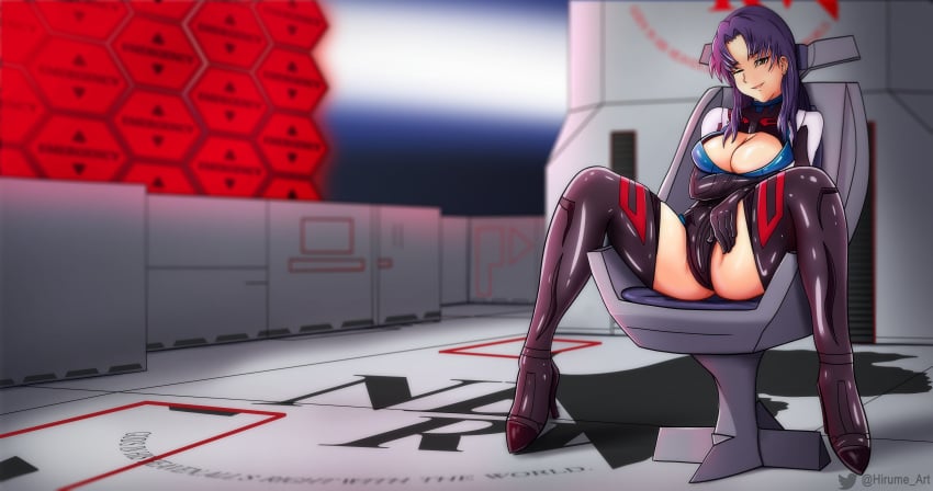 1girls absurdres arm_under_breasts bodysuit boots breast_support breasts chair cleavage clothing emergency_alert female female_only high_heels highres hirume human large_breasts light-skinned_female light_skin long_hair misato_katsuragi neon_genesis_evangelion nerv on_chair one_eye_closed pilot_suit plugsuit purple_hair smile smug solo spread_legs