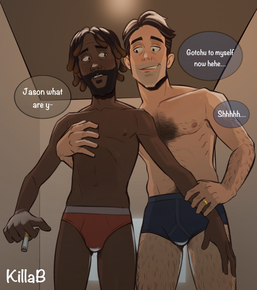 2024 2boys bara barazoku beard briefs bulge daddy dark-skinned_male dialogue english_text gay hairy_chest interracial killabkiller male male/male male_nipples male_only male_pubic_hair manly mature_male melanin muscular_male nipples text underwear verbal