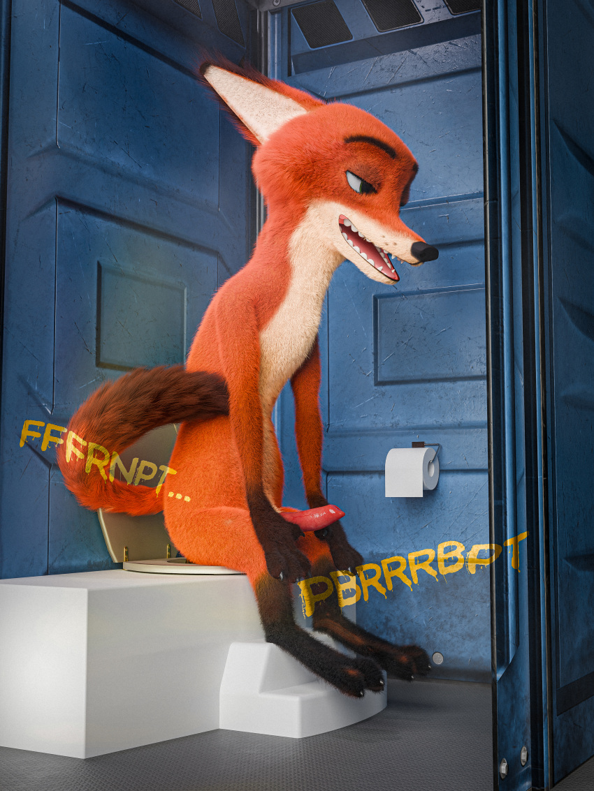 absurd_res anthro blender_(software) blender_cycles brown_body brown_eyebrows brown_fur canid canine digitigrade disney eyebrows fart fart_fetish fox fur genitals green_eyes hands_on_knees hands_on_legs hi_res implied_scat kenresek knot looking_pleasured male mammal nick_wilde orange_body orange_fur penis portapotty raised_tail red_penis sitting_on_toilet solo tail toilet_paper toilet_use zootopia