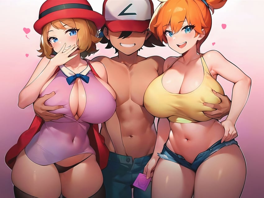 1boy 2girls 3some ai_generated alternate_breast_size ash_ketchum big_breasts blue_eyes breast_grab breasts brown_hair condom condom_wrapper cucarachaaa curvy_female faceless_male female front_view groping hands_on_breast hat imminent_sex kasumi_(pokemon) large_breasts looking_at_viewer male minishorts multiple_girls narrow_shoulders nintendo no_pants orange_hair pimp pokemon pokemon_rgby pokemon_xy satoshi_(pokemon) serena_(pokemon) short_hair standing thick_thighs thighhighs thighs thin_arms thong threesome unzipped_pants wide_hips