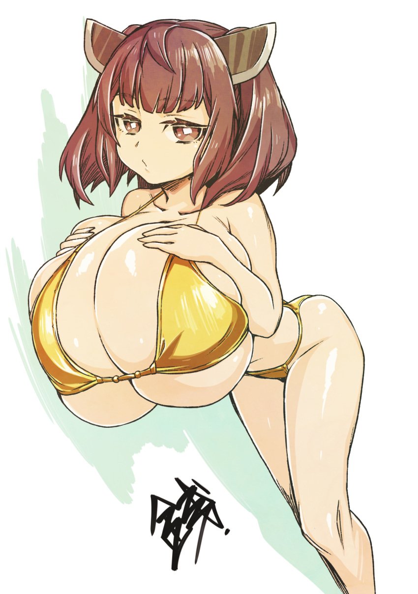 1girls alternate_breast_size breasts_bigger_than_head brown_eyes brown_hair busty cleavage female female_only gigantic_breasts gold_bikini hand_on_breast headgear huge_breasts kanenomori999 looking_at_viewer solo swimsuit touhoku_kiritan voiceroid