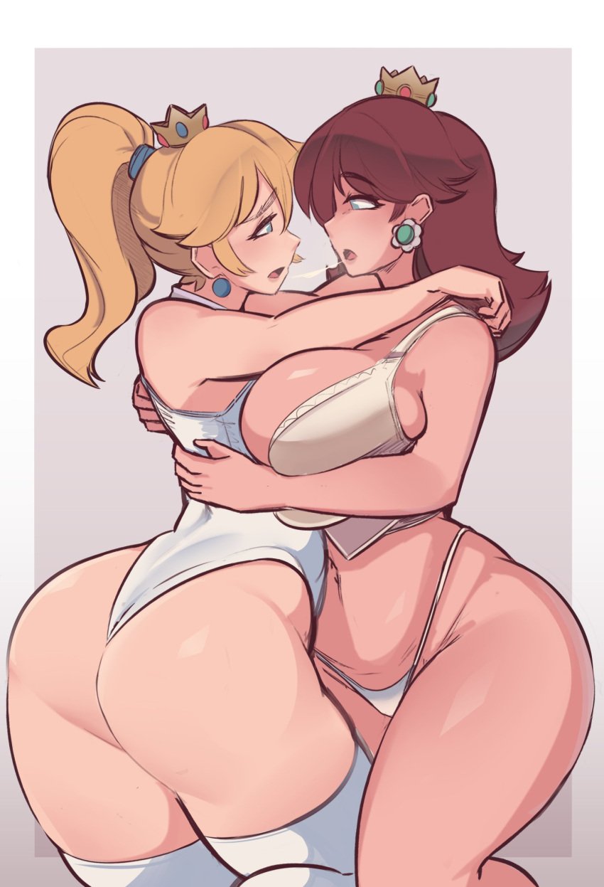 2girls after_kiss alternate_breast_size arms_around_neck big_ass big_breasts blonde_hair breast_squish breasts brown_hair cleavage clothing crown earrings eye_contact female female_only ferdinandus fuck_me_eyes grey_background high_resolution huge_breasts looking_at_another looking_at_each_other mario_(series) multiple_girls nintendo ponytail princess_daisy princess_peach saliva saliva_string saliva_trail simple_background spit stockings swimsuits thighhighs tied_hair very_high_resolution white_border yuri