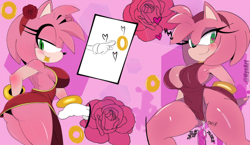 absurd_res amy_rose animal_humanoid anthro ass big_breasts blush bodily_fluids breasts clothed clothing eulipotyphlan female fur genital_fluids genitals gloves green_eyes hair handwear hedgehog hi_res humanoid looking_at_viewer mammal nyxartstation pink_body pussy sega sex simple_background smile solo sonic_(series) sonic_the_hedgehog_(series) tail thick_thighs wide_hips