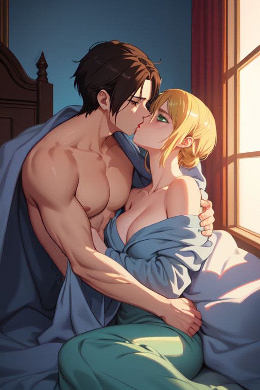 1boy 1boy1girl ai_generated artist_request attack_on_titan bare_shoulders barely_clothed barely_covered_breasts bed bed_sheet bedframe bedroom blonde_hair blue_blanket blue_eyes breasts christa_lenz cleavage couple couple_(romantic) dark_brown_hair embracing erehisu eren_jaeger female hair_tied historia_reiss illustration kissing loving_couple male morning_after muscular_male peaceful romantic_couple shingeki_no_kyojin sunlight window