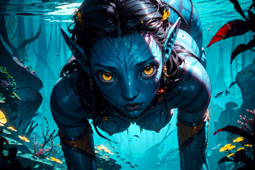1girls ai_generated alien alien_girl alien_only avatar avatar:_the_way_of_water blue_skin catgirl female na&#039;vi neytiri nipples underwater
