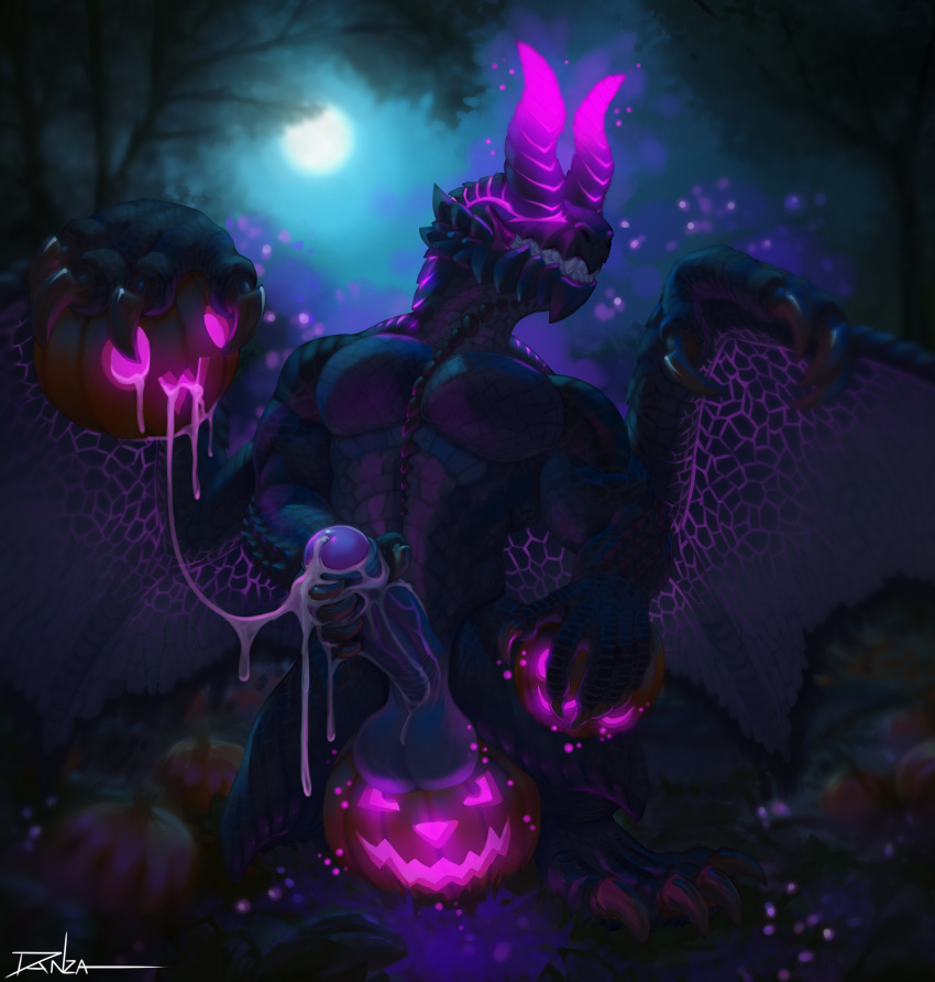 1boy anthro balls big_balls big_penis capcom cum cum_drip cum_dripping_from_penis danza dragon erection genital_fluids gore_magala halloween holidays humanoid_genitalia humanoid_penis male male_only masturbation monster_hunter muscular_anthro orgasm penis