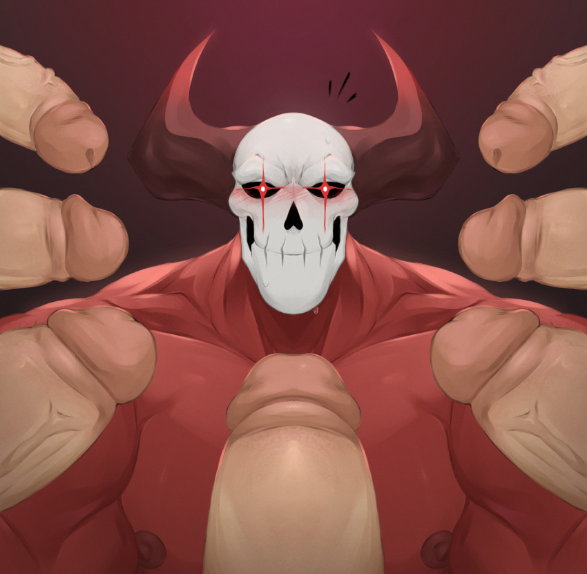 6+boys blush demon erection faceless_male gay horns human humanoid imminent_sex male male_only muscular muscular_male nalnahi1 penis red_body red_skin skeleton yeves