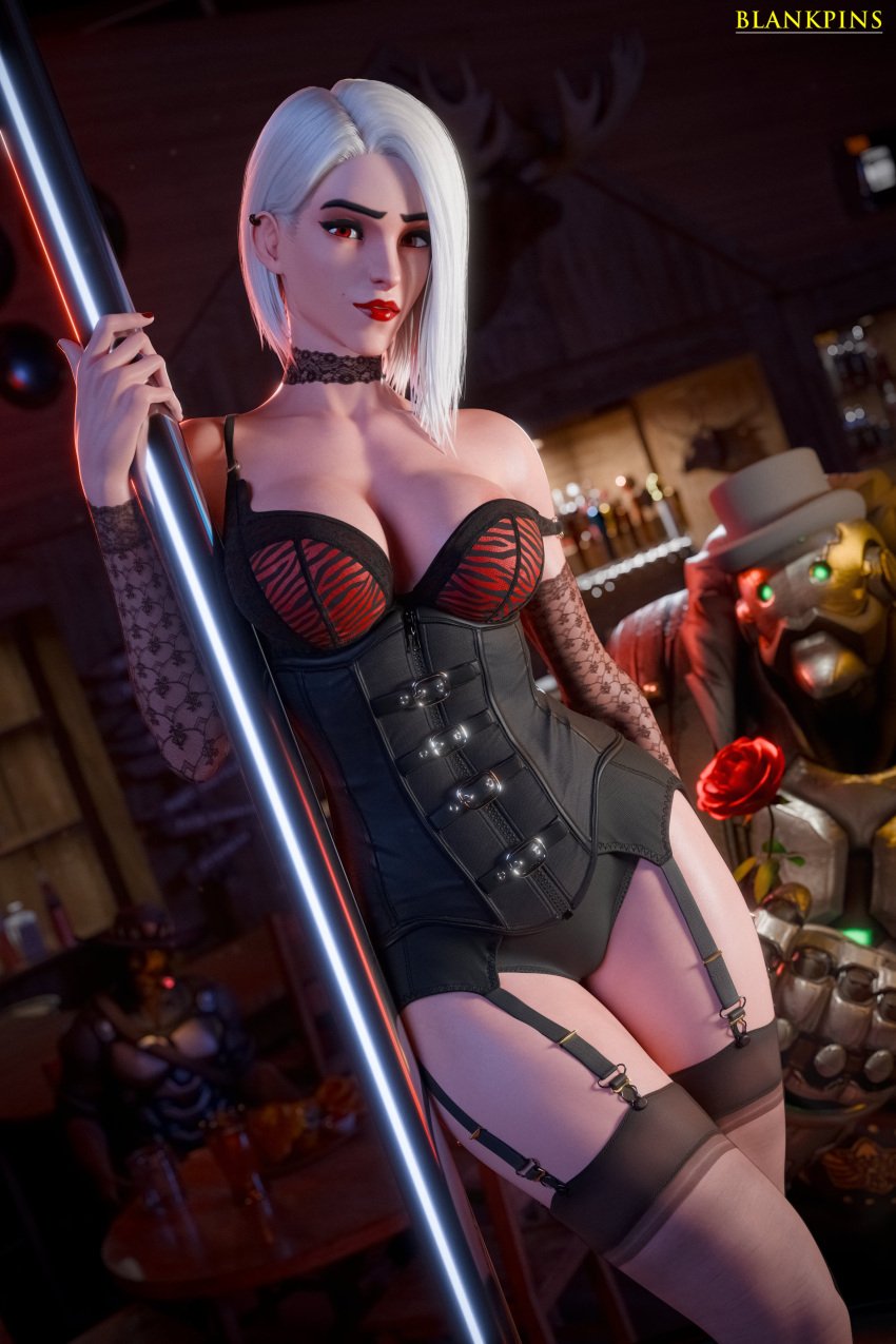 3d areola_slip arm_stockings ashe_(overwatch) athletic athletic_female bar big_breasts blankpins bob_(overwatch) bra choker clothed clothed_female corset dancer fit_female garter_belt garter_straps lace_choker legs overwatch pole_dancing pushup_bra red_bra red_rose sfw skimpy_clothes stockings stripper_pole striptease toned toned_female western white_hair