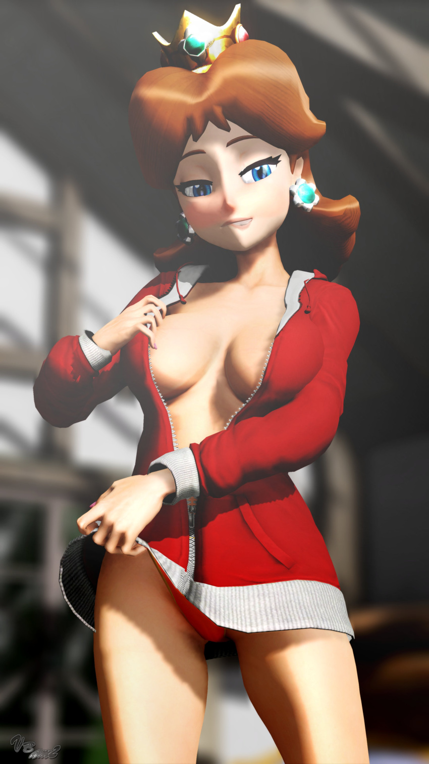 1girls 3d areola_slip big_breasts biting_lip biting_lip blue_eyes breasts busty cleavage clothes_lift highres horny large_breasts legs lifted_by_self mario_(series) naughty_face nintendo no_bra panties pantyshot princess_daisy pulled_by_self sensual smile solo thighs thong top_pull underwear undressing virtualblueam2