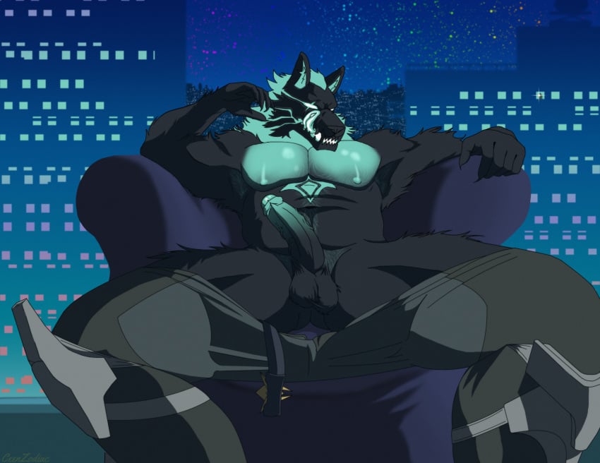 armpit_hair baby_blue_hair background balls belt belt_buckle bent_penis biceps cerberus_(fortnite) city_background cityscape dick erection eye_scar foreskin fortnite fur furry glans glowing_eyes glowing_genitalia hairy hairy_chest laying_back lounging male male_only male_pubic_hair mane muscles muscular_male nipples pants_down pants_pulled_down pecs precum precum_drip precum_on_penis sitting sitting_on_chair solo solo_male tongue tongue_out topless_male unbuckled_belt undone_pants white_eyes wolf wrinkled_balls