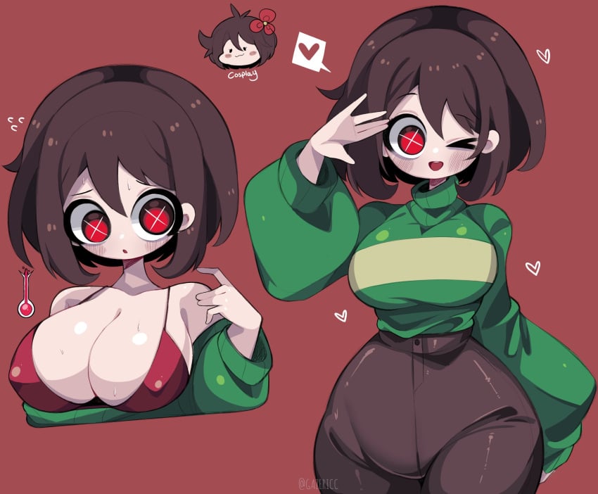 bare_shoulders big_breasts bra breasts_exposed brown_hair chara cosplay emi_(gazericc) exposed_breasts gazericc heart hi_res human looking_at_viewer oc red_bra red_eyes rox_hoxten short_hair sweat sweater tagme undertake undertale undertale_(series) unusual_pupils wink winking_at_viewer