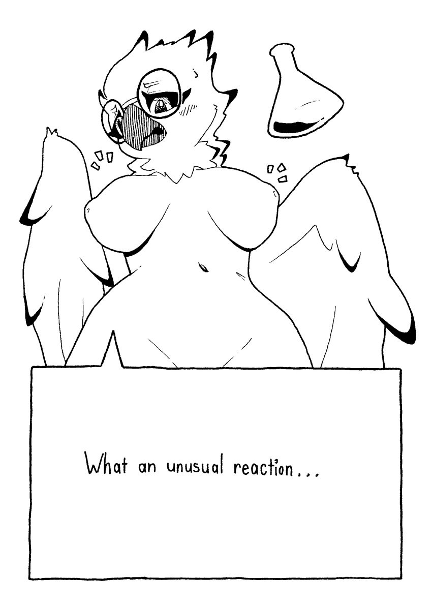 2018 absurd_res amelia_abernachy anthro avian beak bird black_feathers black_sclera breast_expansion breasts dialogue english_text eyewear feathered_wings feathers female glasses hi_res inverted_nipples nipples non-mammal_breasts nude owl pashoo potion sanctuaryowl simple_background slightly_chubby snowy_owl solo text white_feathers wide_hips wings