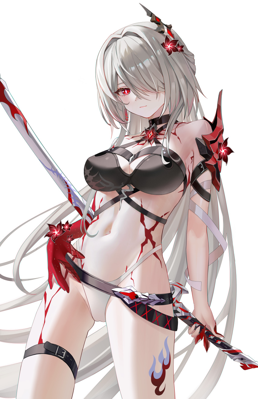 1girls absurdres acheron_(honkai:_star_rail) bare_shoulders belt black_belt black_choker blhazx breasts choker cleavage cowboy_shot female female female_only flower grey_hair hair_flower hair_intakes hair_ornament hair_over_one_eye halterneck highres holding holding_sword holding_weapon honkai:_star_rail honkai_(series) large_breasts leg_tattoo long_hair looking_at_viewer midriff navel official_alternate_color red_eyes red_flower revision scabbard sheath sheathed simple_background solo standing stomach sword tattoo thigh_strap thighs very_long_hair weapon white_background