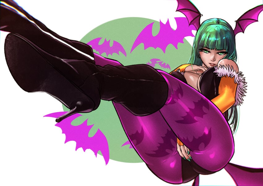 1girls bat_wings big_breasts boots breasts busty capcom cleavage darkstalkers demon_girl fingerless_gloves fukou_da_man gloves green_eyes green_hair hand_on_own_chest highres horny large_breasts legs leotard long_hair looking_at_viewer masturbation morrigan_aensland naughty_face parted_lips red_lips seductive_smile sitting smile solo succubus thighs wings