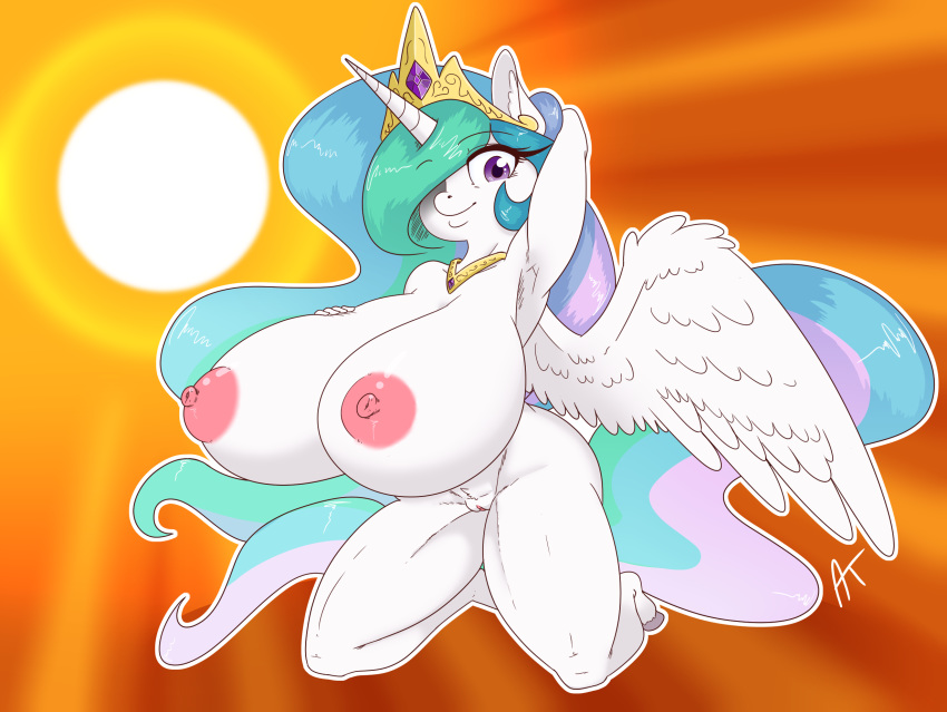 2019 alicorn anthro anthrofied appelknekten areola big_breasts breasts crown equid female friendship_is_magic hair hi_res horn jewelry kneeling long_hair mammal my_little_pony necklace nipples nude pose princess_celestia_(mlp) purple_eyes pussy solo sun tiara wings