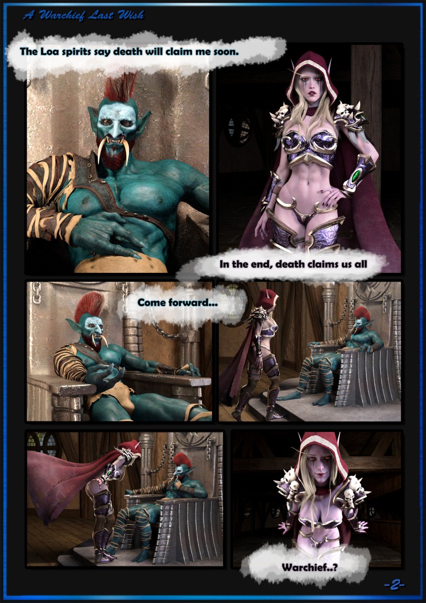 1boy 1girls 3d blizzard_entertainment comic comic_page darken_den dialogue english_text forsaken interspecies page_2 page_number sylvanas_windrunner troll_(warcraft) troll_male undead undead_(warcraft) vol'jin warcraft world_of_warcraft