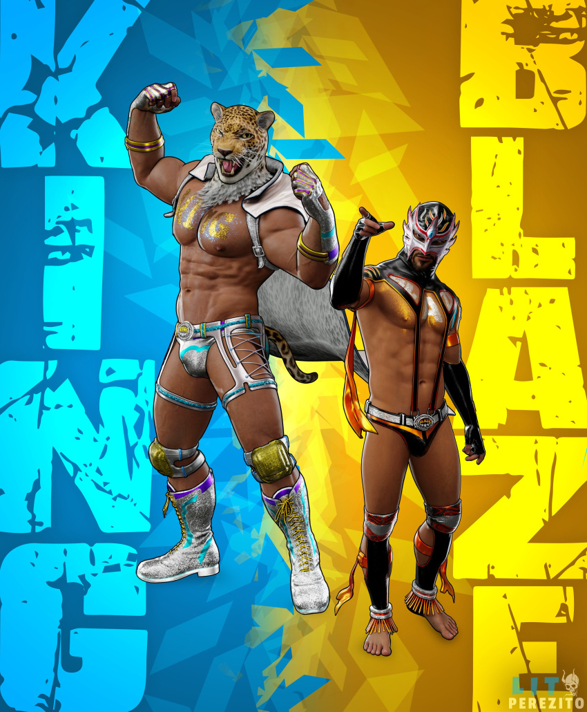 2boys 2humans 2males 3d 3d_(artwork) 3d_model bandai_namco crossover daemoncollection duo duo_focus el_blaze flexing_muscles identity_censor jaguar_mask king_(tekken) lean_muscle luchador male male/male male_focus male_only masculinity muscles muscular muscular_male scantily_clad sega skimpy_outfit tekken tekken_8 virtua_fighter wrestler wrestlers