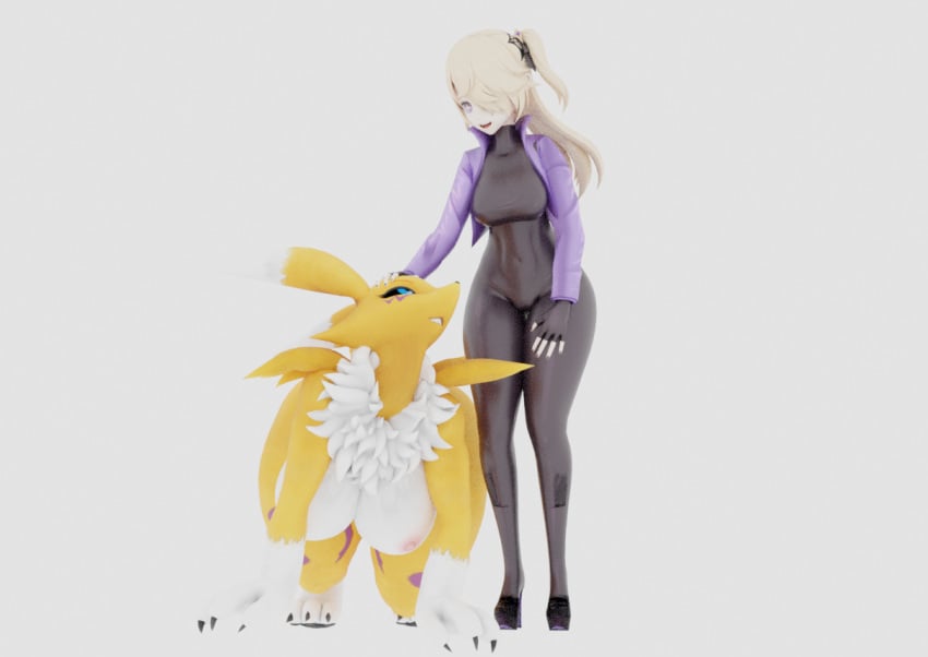 2girls 3d_(artwork) anthro big_breasts black_sclera blonde_hair blue_eyes bodysuit digimon digimon_(species) eye_patch fischl_(genshin_impact) fur furry genshin_impact gloves high_heels patting paws purple_eyes purple_jacket renamon renamon_(warfaremchine) star_shaped_pupils voluptuous wide_hips yellow_fur